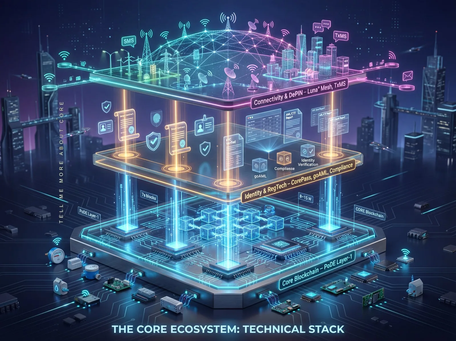 Core ecosystem technical stack diagram showing PoDE base layer, identity and RegTech, and Luna Mesh DePIN connectivity layers