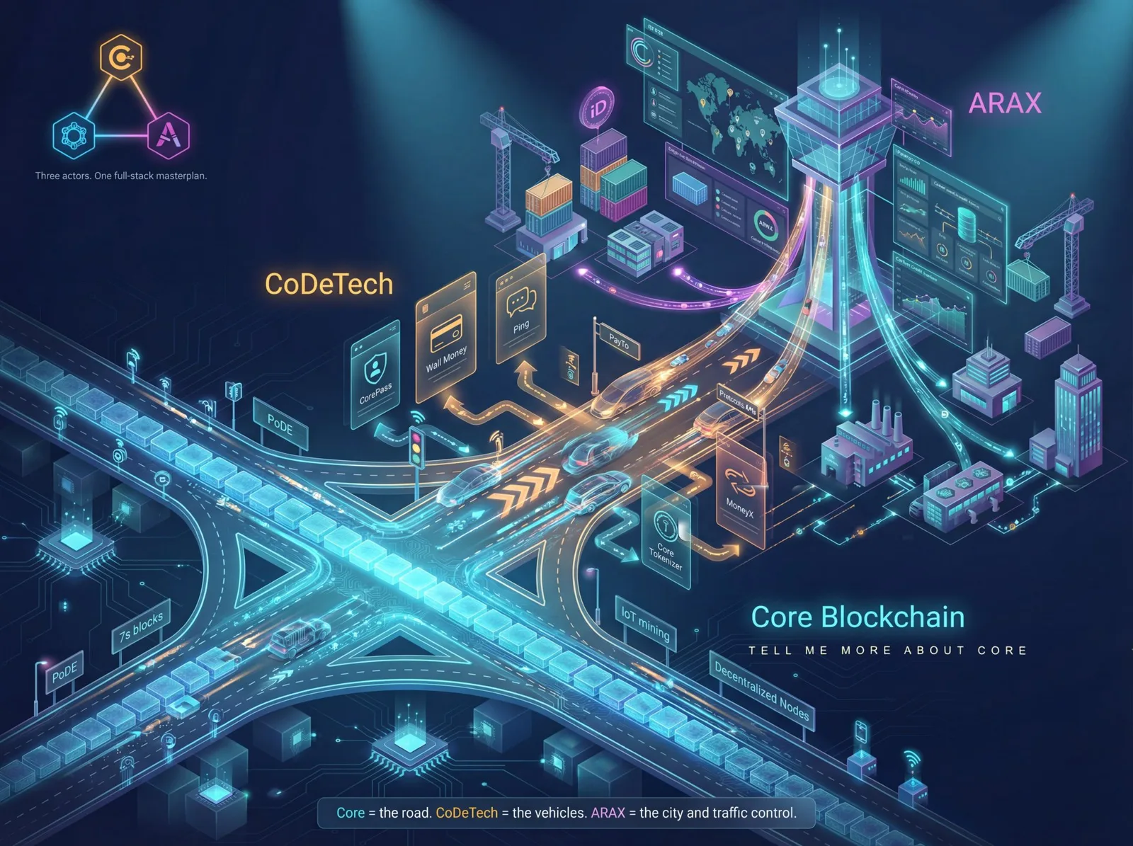 Isometric city map showing Core Blockchain as road infrastructure with CoDeTech products and ARAX enterprise layer on top