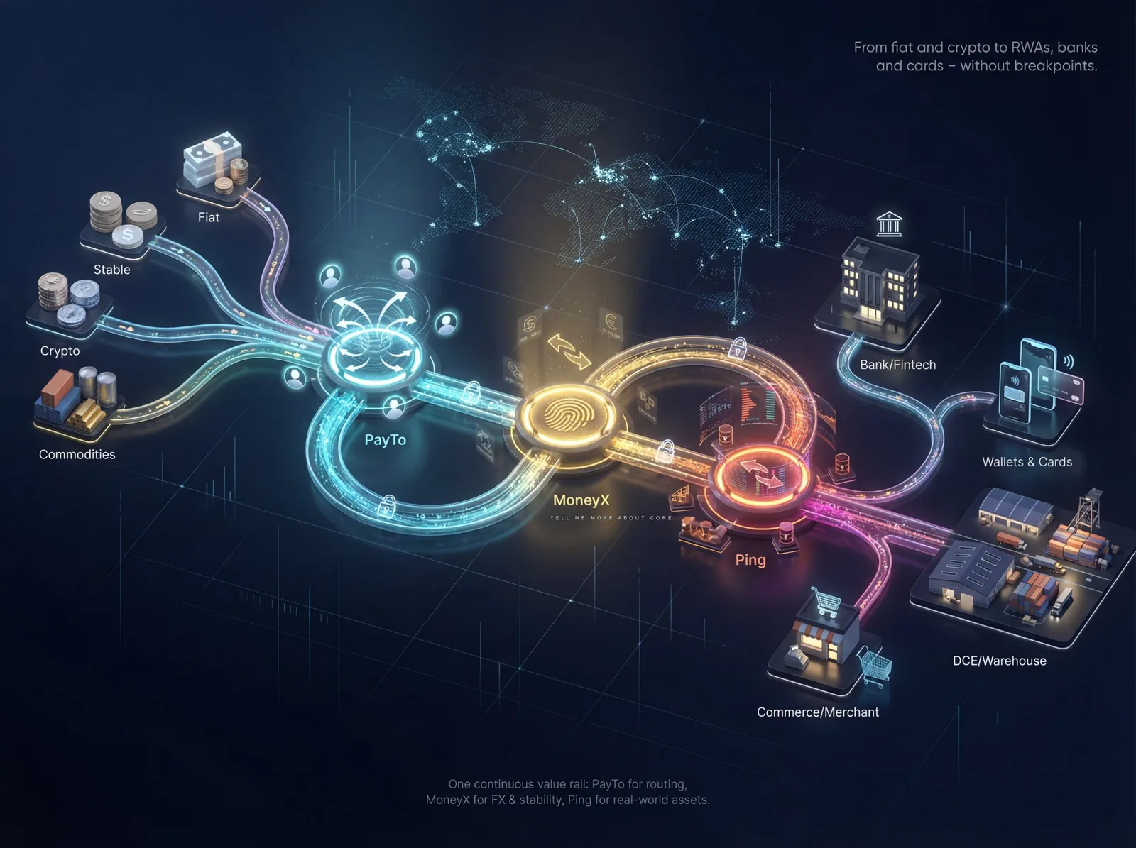 PayTo, MoneyX, and Ping Exchange forming a continuous value rail from fiat, crypto, and commodities to banks, wallets, and merchants