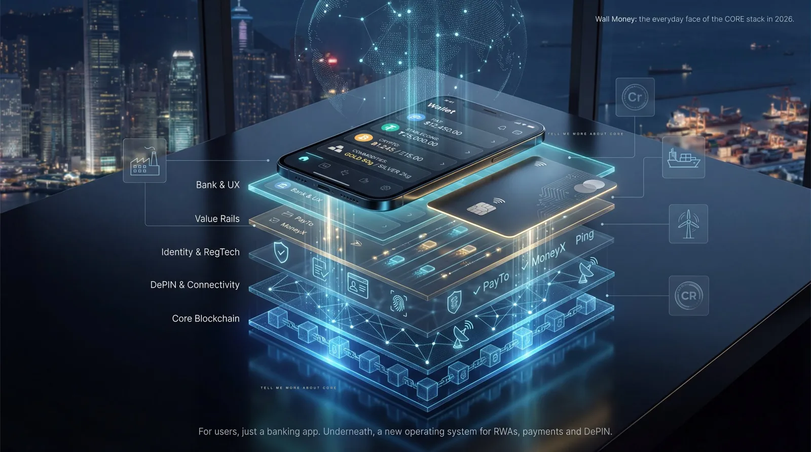 Wall Money app and Visa card exploded into five labeled layers: Core Blockchain, DePIN, Identity, Value Rails, and Bank UX
