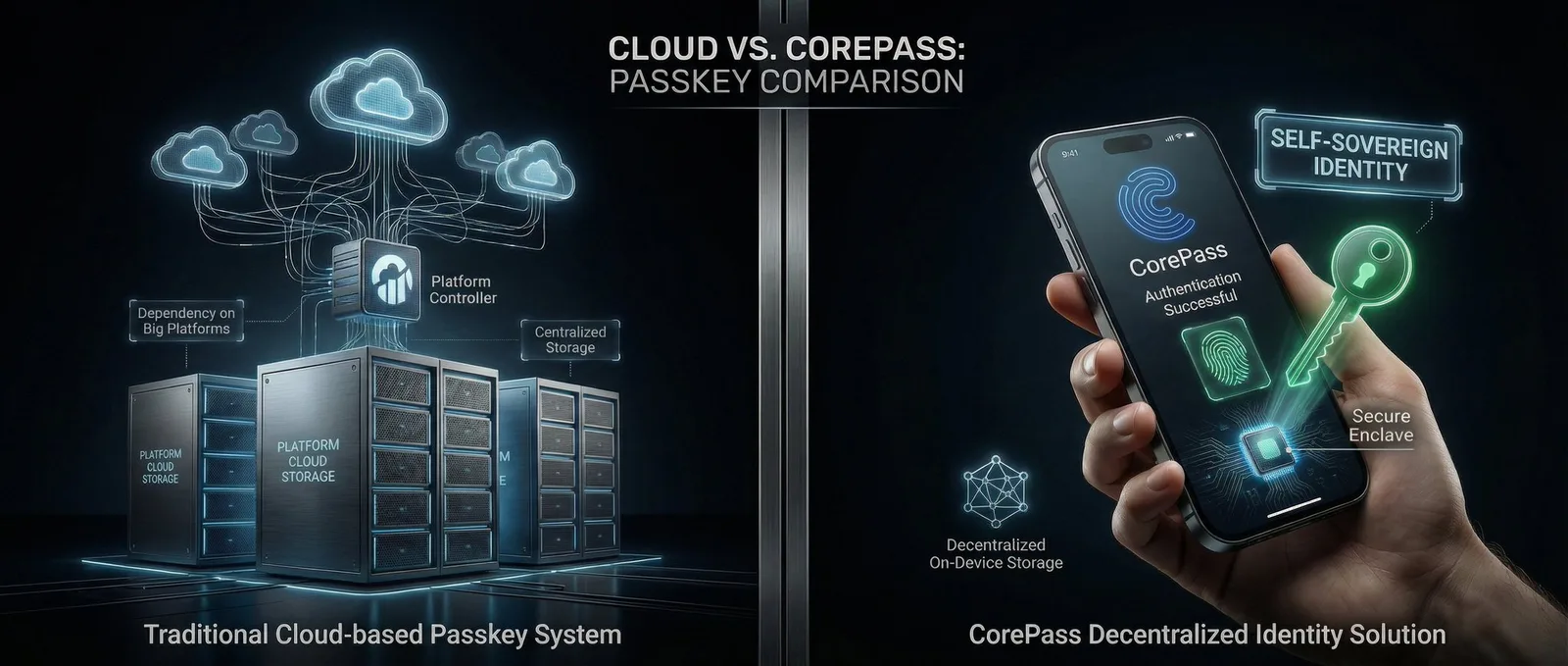 Split diagram comparing traditional cloud-based passkey storage to CorePass decentralized on-device storage