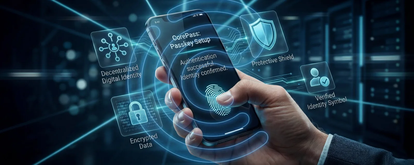 Hand holding a phone showing CorePass passkey setup with authentication confirmed and decentralized identity icons
