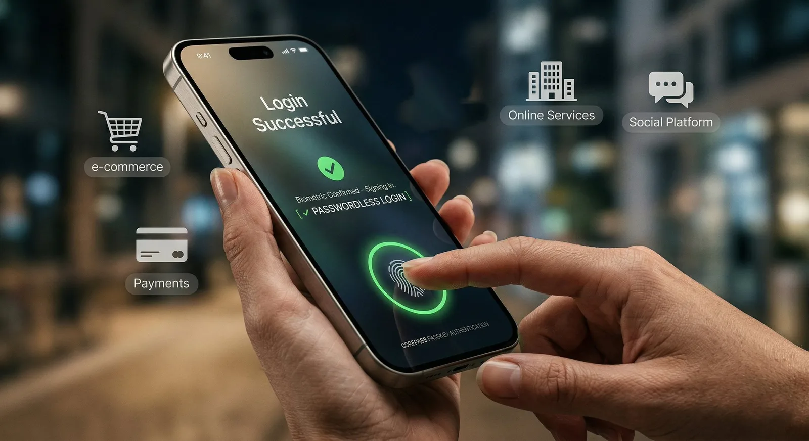 Finger touching a fingerprint sensor on a phone showing Login Successful and passwordless login confirmation