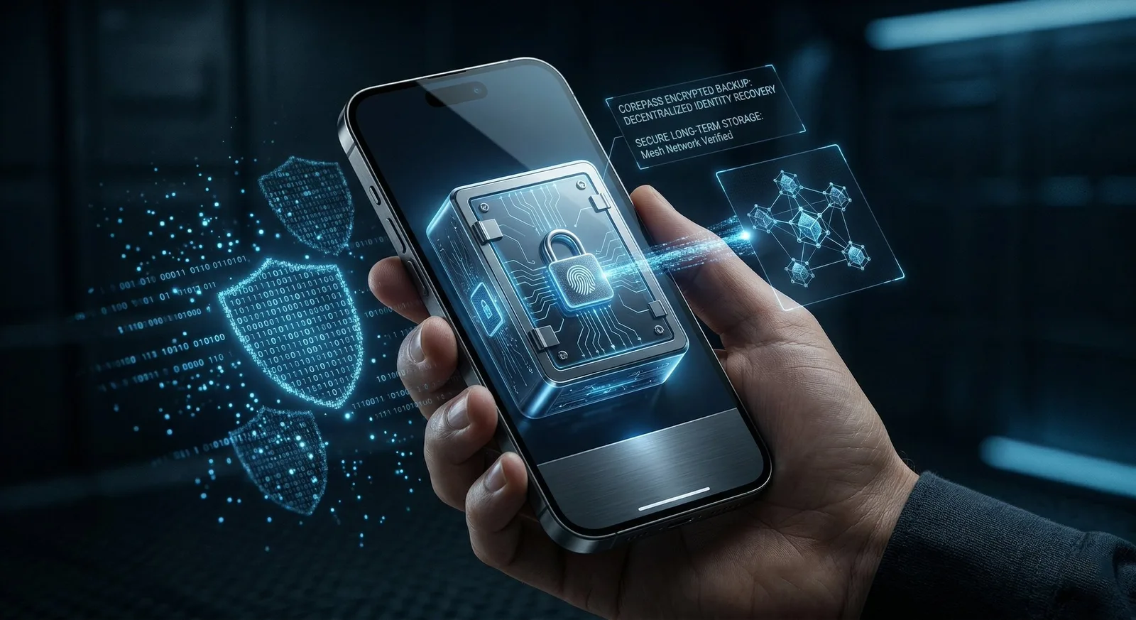 Hand holding a phone with an encrypted vault on screen, digital security shields and blockchain network overlay illustrating CorePass backup
