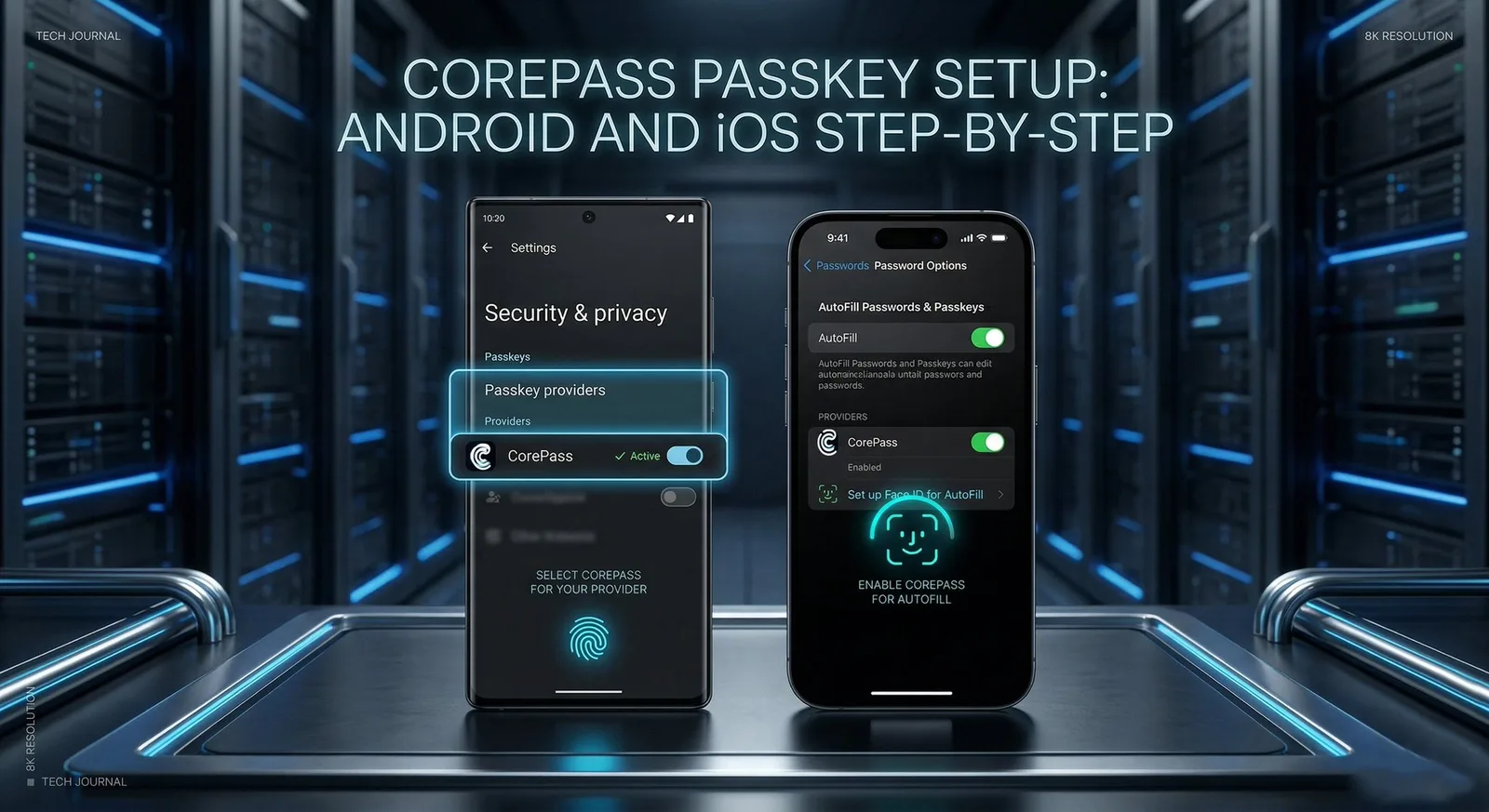 Android settings showing CorePass selected as active passkey provider, and iOS Password Options with CorePass enabled for AutoFill