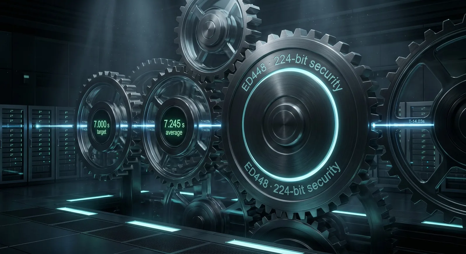 Interlocking gears labeled ED448 224-bit security and 7-second block time target versus average