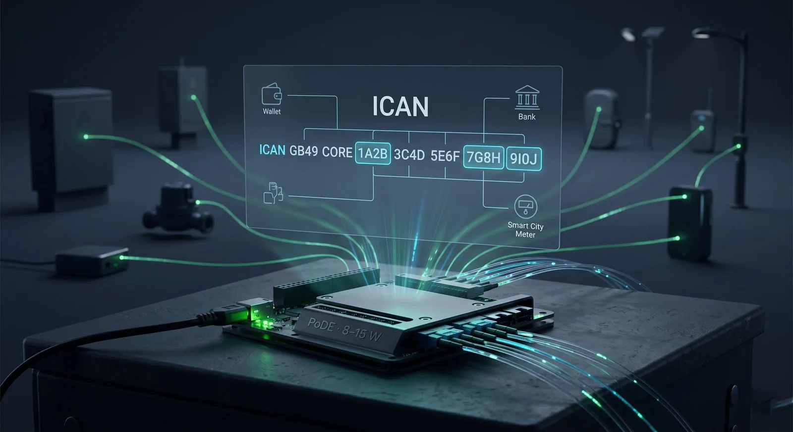 PoDE IoT node projecting an ICAN address structure connecting wallets, banks, and smart city meters