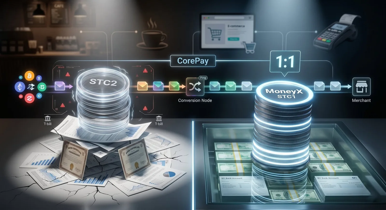 STC2 versus STC1: on the left, coins backed by T-bills and bond certificates on cracking ground; on the right, MoneyX coins above real cash held in M1 bank accounts, with a 1:1 CorePay flow routing to the merchant.