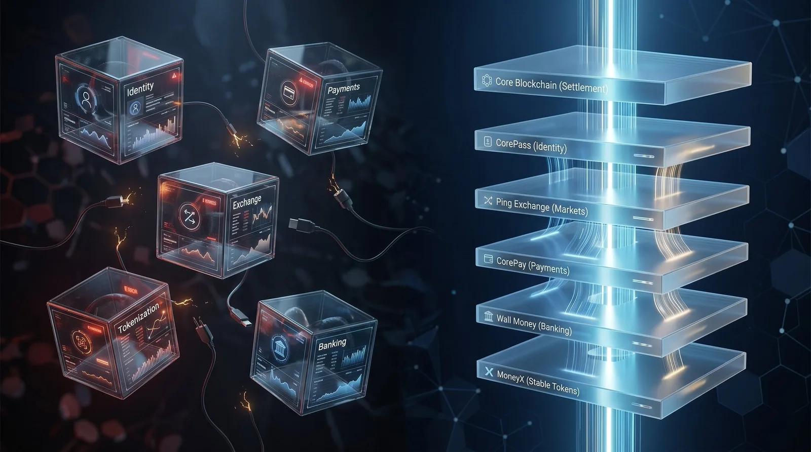Left: isolated product cubes — Identity, Payments, Exchange, Tokenization, Banking — linked by loose, sparking cables. Right: a single integrated layer stack from Core Blockchain down to MoneyX.