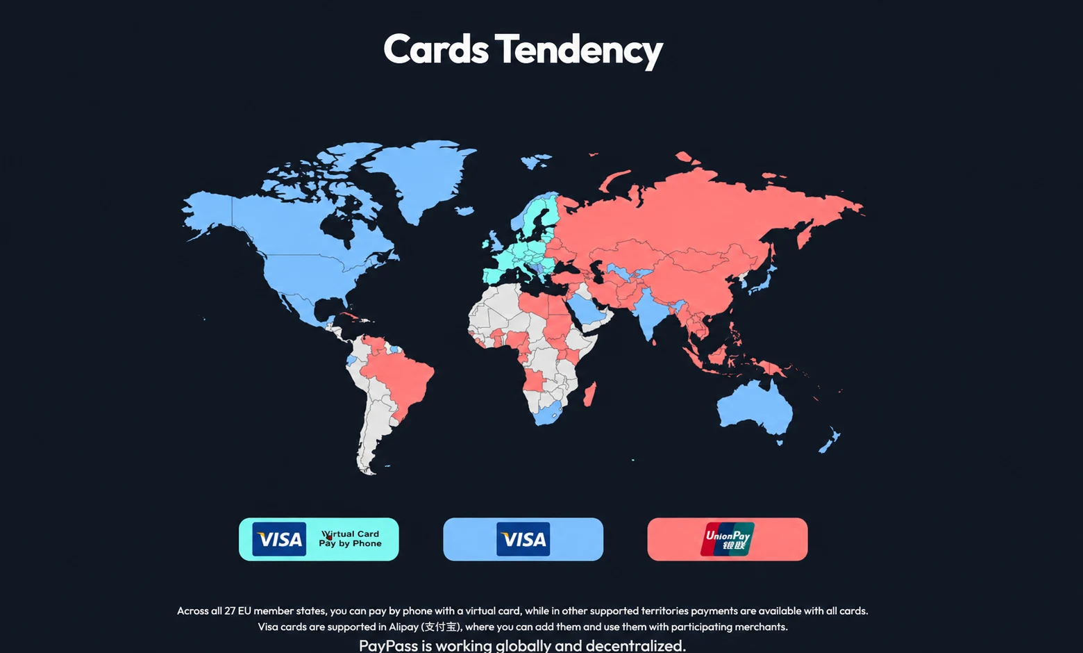 Wall Money Cards Tendency map showing where Visa and UnionPay are supported across regions